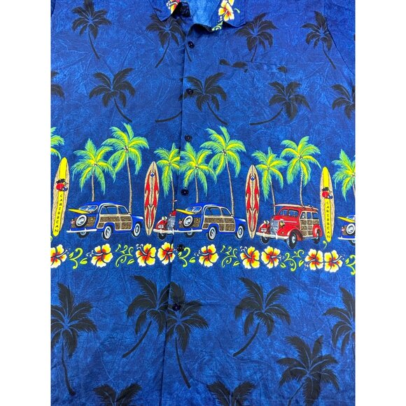 Vtg Rima Hawaiian Shirt Surfboard & Palm Tree Print Button-Down 6XL 34"w - Picture 3 of 10
